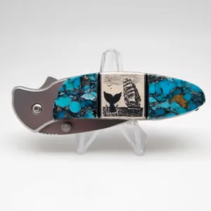 Knife - Kershaw Turquoise/Chine and Mammoth Ivory Pocket Knife w/ Scrimshaw